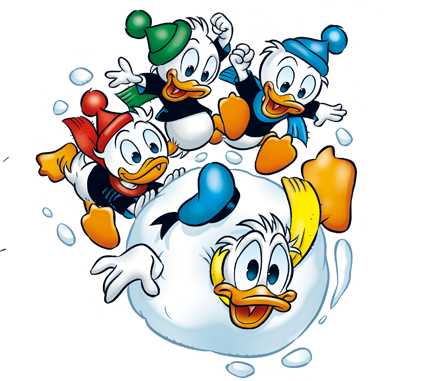 Tick, Trick und Track rollen Donald in einem Schneeball